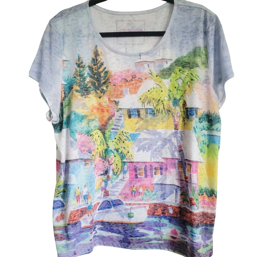 Ellen Negley Women's XXL T-Shirt Watercolor Tropical Island Palm Trees Tee‎ NEW